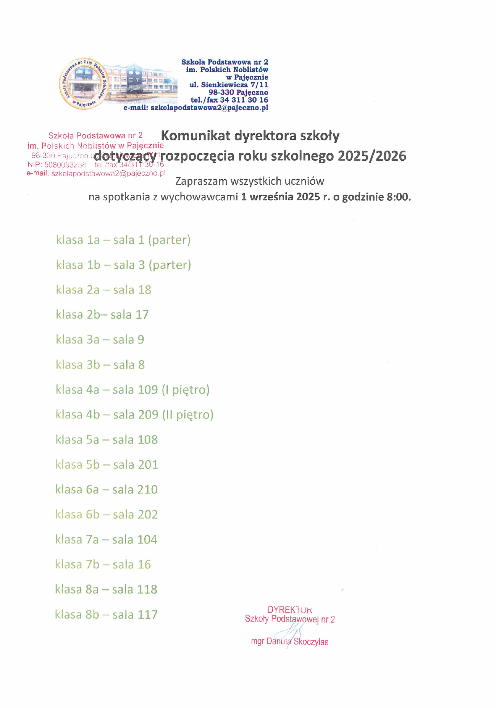 Komunikat dyrektora szkoy